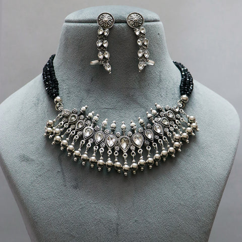 Designer Silver Oxidized Necklace with Earrings (D490)