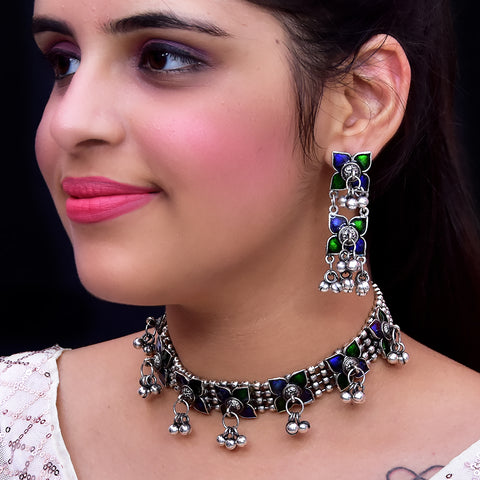 Designer Silver Oxidized Choker Style Necklace with Earrings (D492)