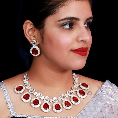 Designer Semi-Precious American Diamond & Ruby Necklace with Earrings (D477)