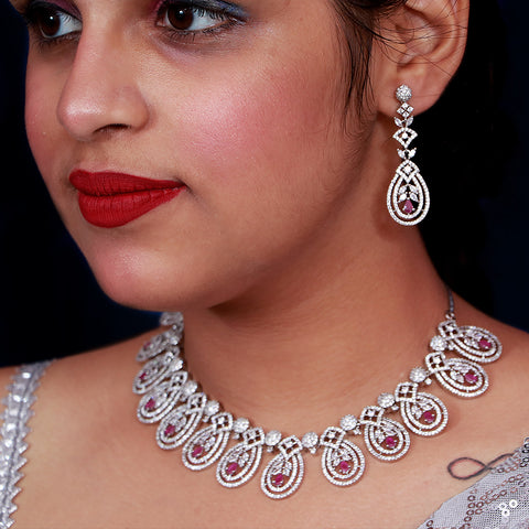 Designer Semi-Precious American Diamond & Ruby Necklace with Earrings (D494)