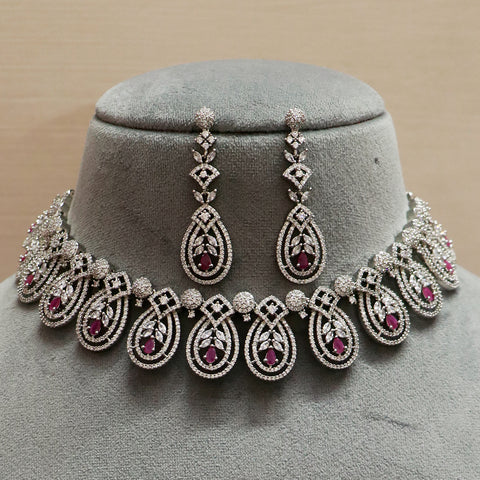 Designer Semi-Precious American Diamond & Ruby Necklace with Earrings (D494)