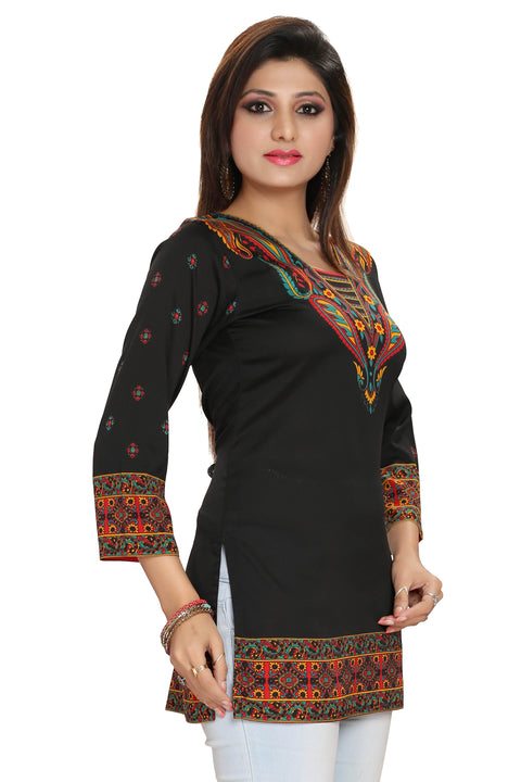 Printed Poly Crepe Black-Short Kurti Indian Ethnic For Casual Wear (D814)