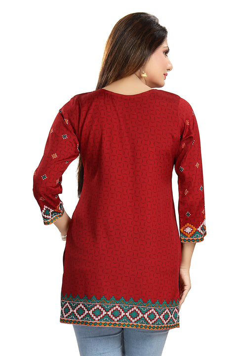 Printed Poly Crepe Maroon Short Kurti Indian Ethnic For Casual Wear (D815)