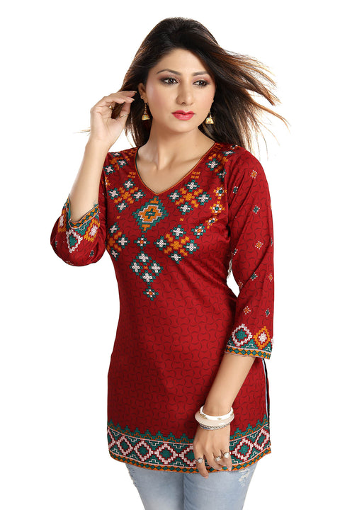 Printed Poly Crepe Maroon Short Kurti Indian Ethnic For Casual Wear (D815)
