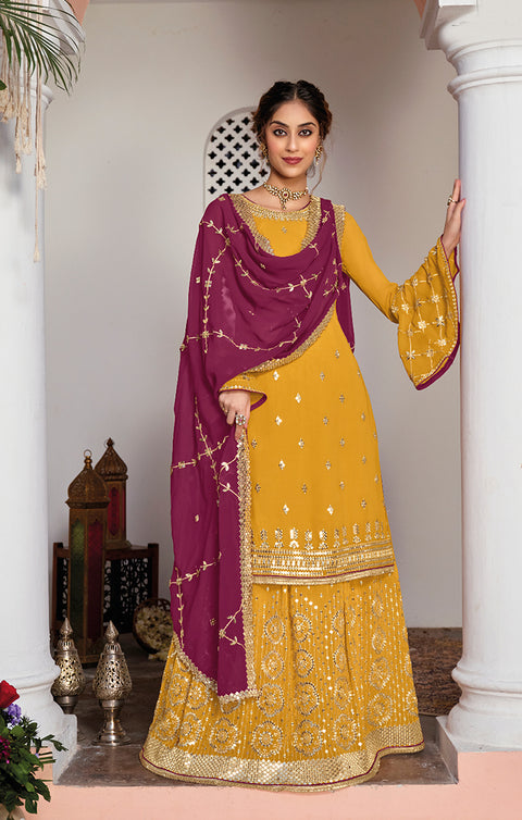 Designer Yellow Color Suit with Sharara & Dupatta in Georgette (K578)