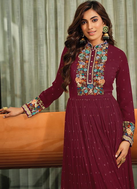 Designer Maroon Color Floor Touch Gown With Dupatta in Georgette (D832)