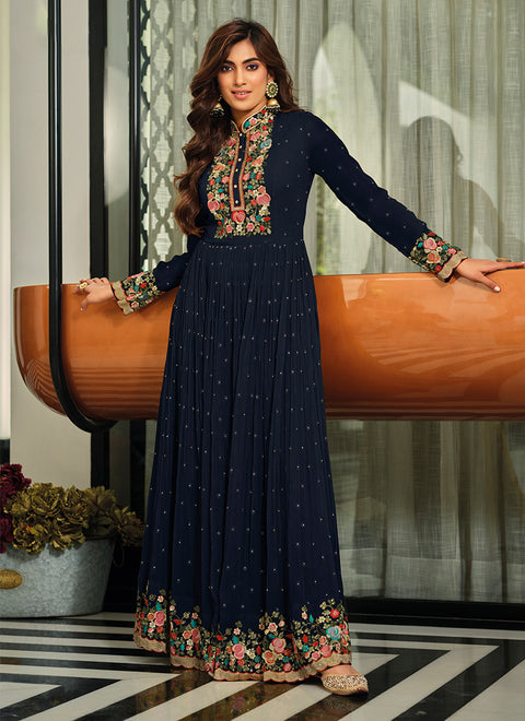 Designer Navy Blue Color Floor Touch Gown With Dupatta in Georgette (D833)