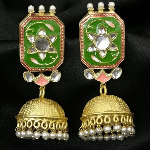 Green Hexagon Stud Golden Jhumki with Floral Designs - PAAIE