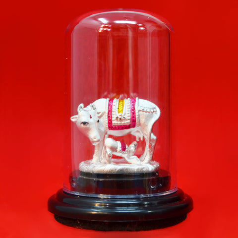 999 Pure Silver Small Cow and Calf Idol in Circular Base - PAAIE
