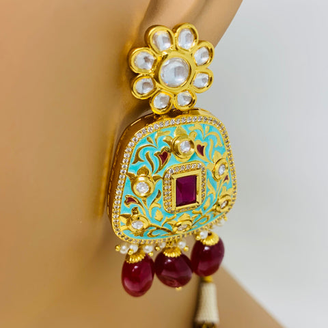 Designer Bridal Gold Plated Royal Kundan & Ruby, Mint Necklace With Mang Tikka (D563)