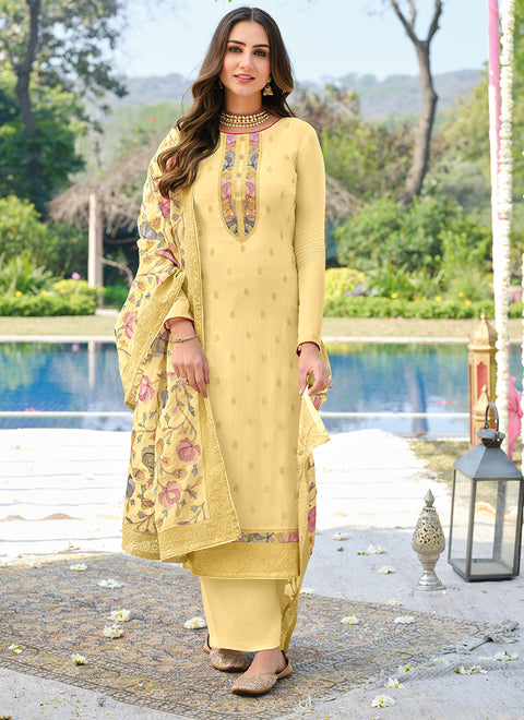 Designer Yellow Color Suit with Pant & Dupatta in Viscose Organza (D834)