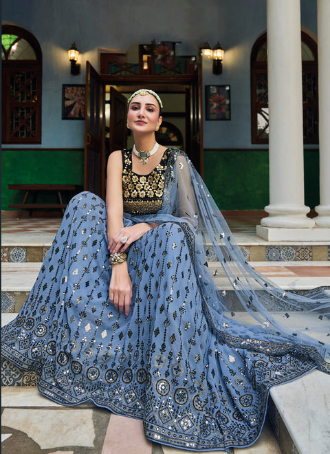 Designer Black & Blue Color Heavy Embroidery With Sequin Work Lehenga Choli (D764)