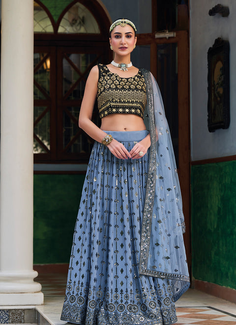 Designer Black & Blue Color Heavy Embroidery With Sequin Work Lehenga Choli (D764)