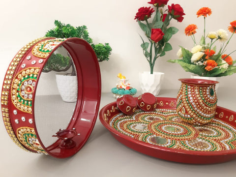 Designer Red Karwa Chauth Thali Set (D2) - PAAIE