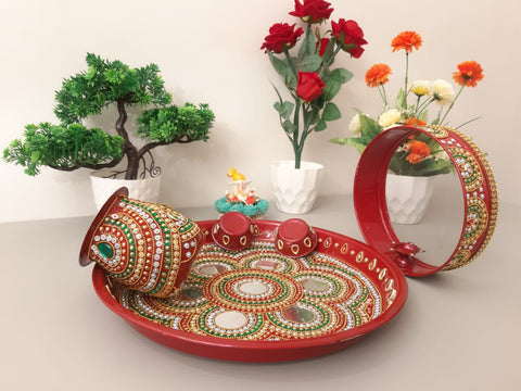 Designer Red Karwa Chauth Thali Set (D2) - PAAIE