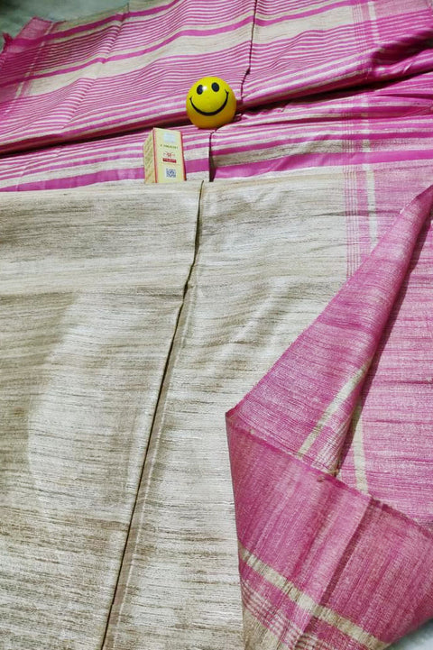 Silk Mark Certified Pure Handloom Tussar Ghicha Silk Saree In Pink And Cream Color - PAAIE