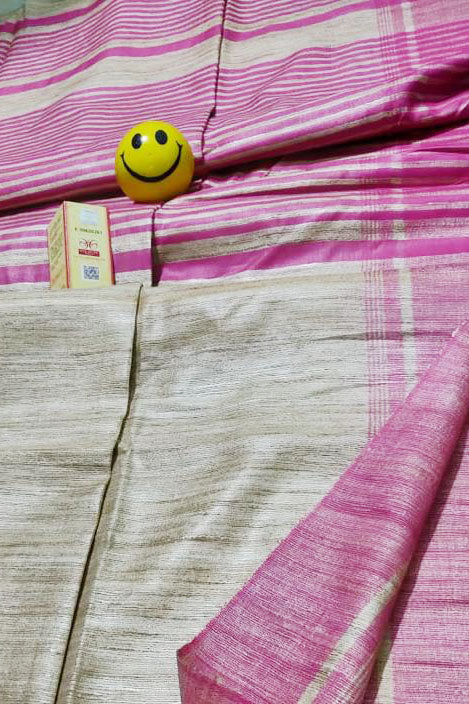Silk Mark Certified Pure Handloom Tussar Ghicha Silk Saree In Pink And Cream Color - PAAIE