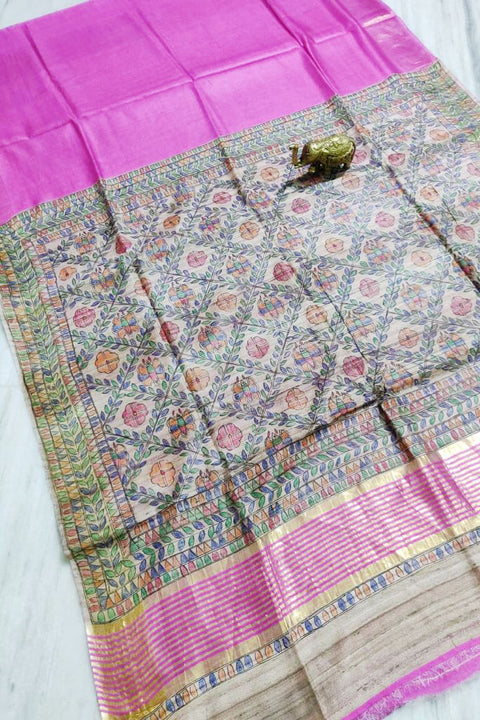 Silk Mark Certified Pure Handloom Tussar Ghicha Silk Saree In Purple Color - PAAIE