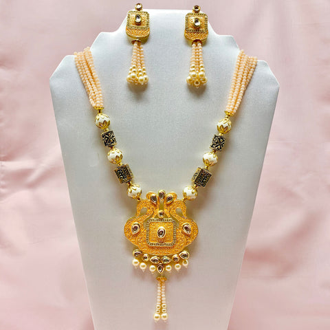 Ethnic Designer Long Kundan Necklace Set With Semi Precious Beads - PAAIE