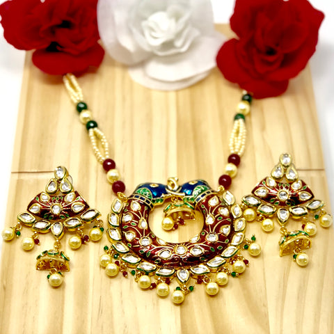 Peacock design Kundan Pearl Necklace Set - PAAIE