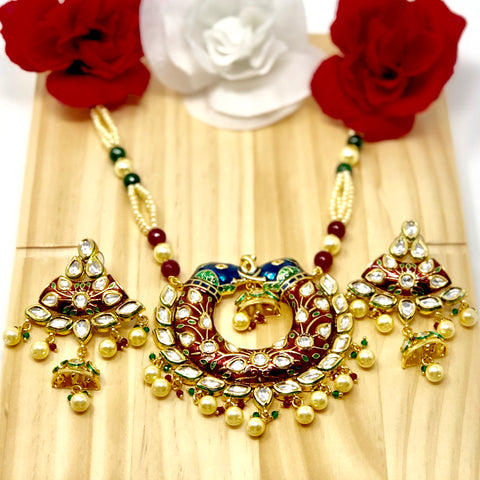 Peacock design Kundan Pearl Necklace Set - PAAIE