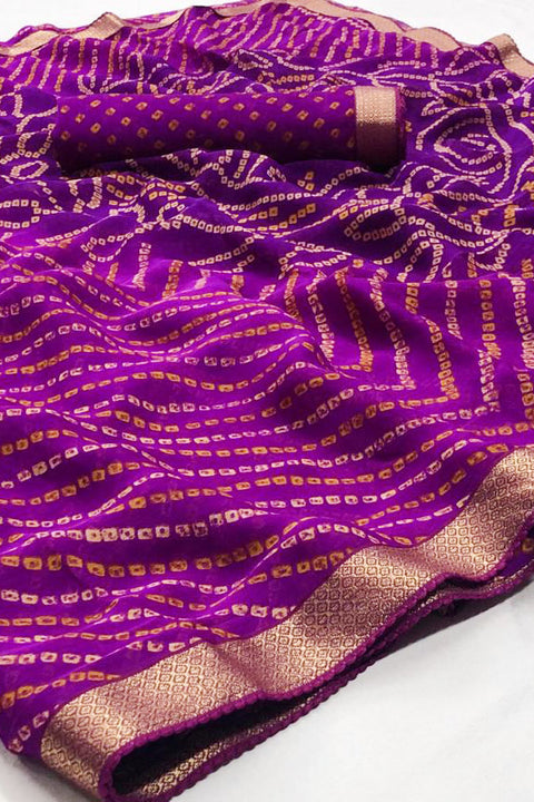 Designer Chiffon Bandhej Purple With Gotta Patti Saree - PAAIE
