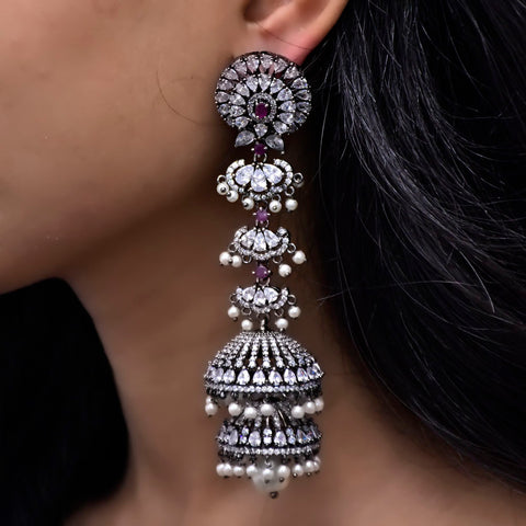 Oxidised Silver Plated Metal Earrings Jhumki with White Beads for Women (E114) - PAAIE