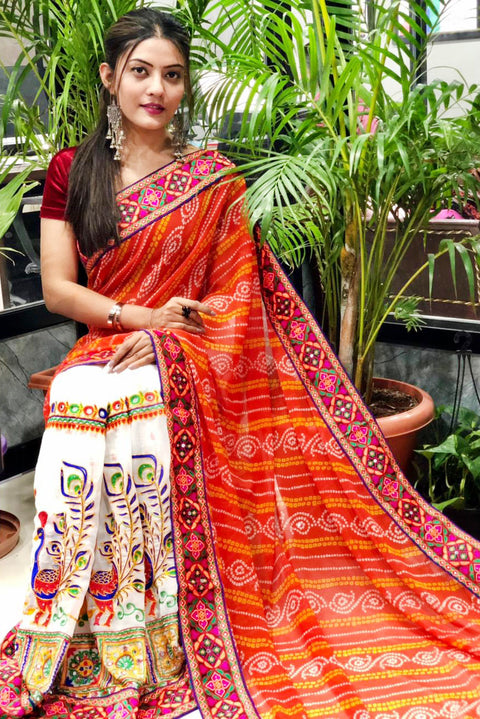 Designer Pure Georgette Saree in Kacchi Gamthi Embroidery Work (Orange/White) - PAAIE