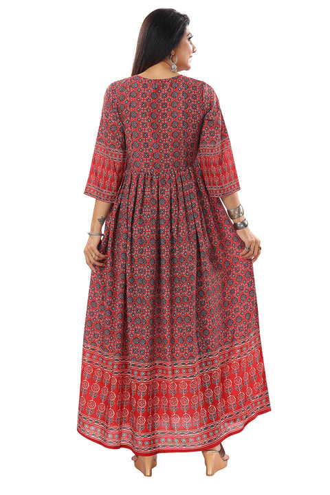 Ravishing Red Masleen Anarkali Long Kurti With Flared look For Women Casual Wear (D820)