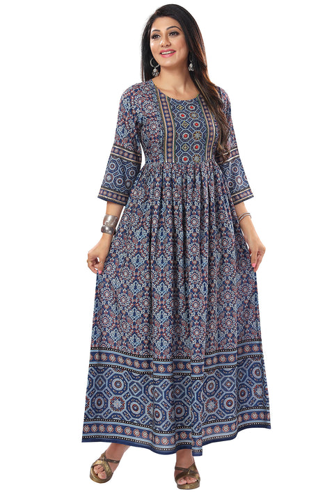 Ravishing Navy Blue Masleen Anarkali Long Kurti With Flared look For Women Casual Wear (D822)