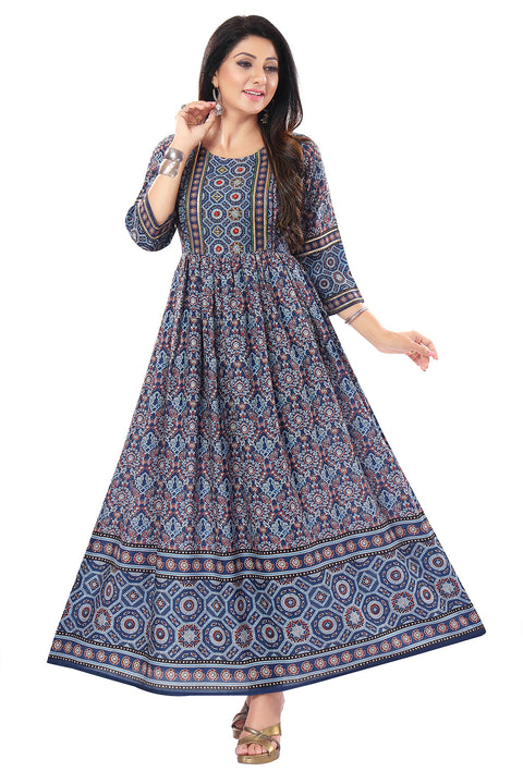 Ravishing Navy Blue Masleen Anarkali Long Kurti With Flared look For Women Casual Wear (D822)
