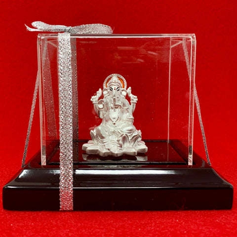 999 Pure Silver Ganesha Idol with Orange Headrest in Rectangular Base - PAAIE