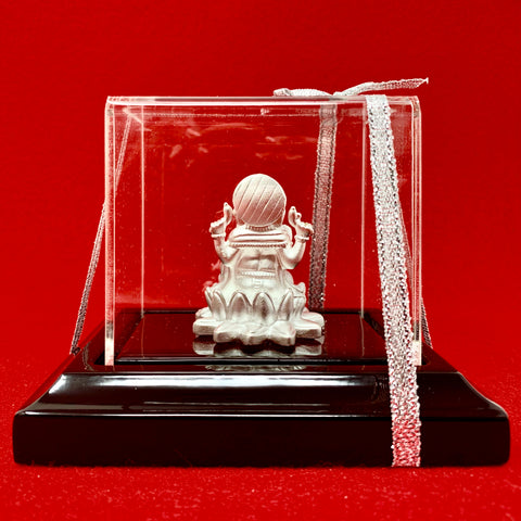 999 Pure Silver Ganesha Idol with Orange Headrest in Rectangular Base - PAAIE