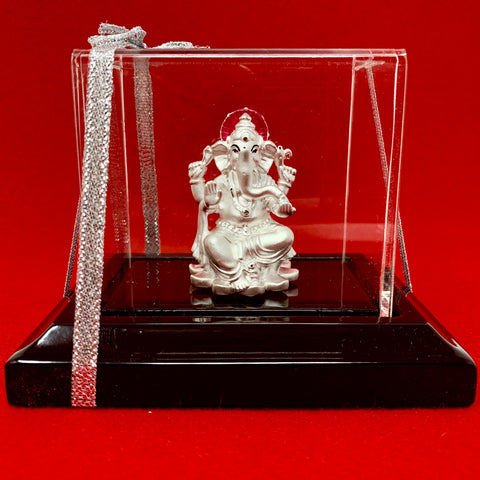 999 Pure Silver Rectangular Ganesha Idol with Scarlet Headrest - PAAIE