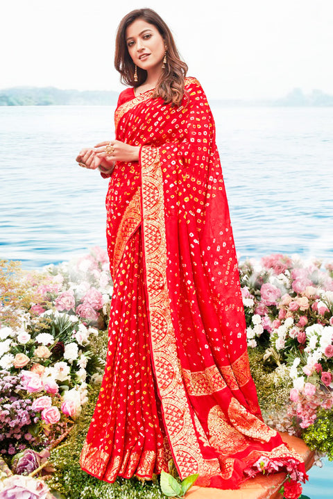 Designer Bandhej Silk Saree in Radiant Red - PAAIE