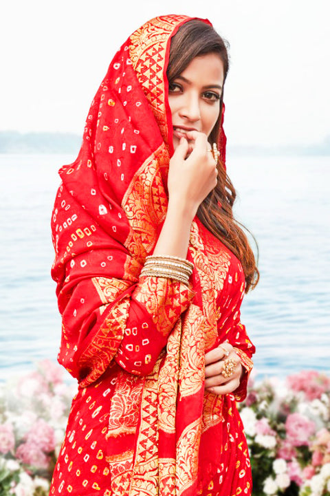 Designer Bandhej Silk Saree in Radiant Red - PAAIE
