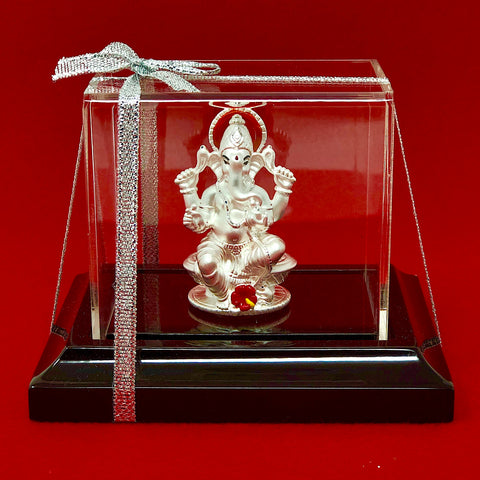 999 Pure Silver Ganesha Idol with Scarlet and Yellow Flower in Rectangular Base - PAAIE