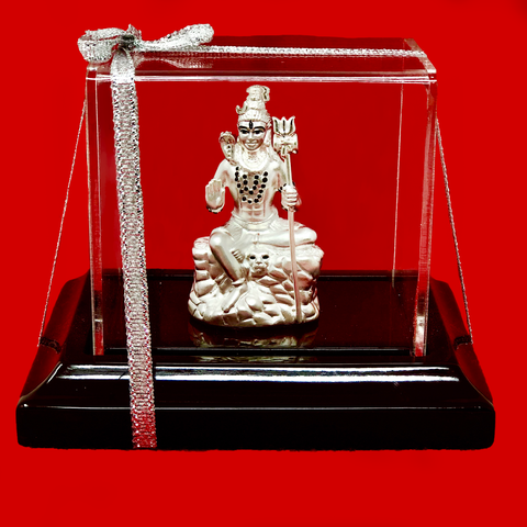 999 Pure Silver Shiva sitting on the Rock Idol in Rectangular Base - PAAIE