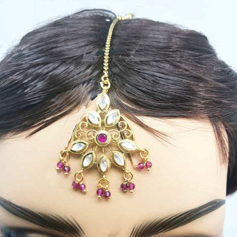 Ruby Flower Kundan Gold Plated Maang Tika - PAAIE