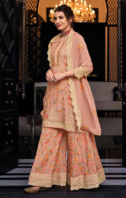 Designer Peach Color Suit with Sharara & Dupatta in Chinnon & Georgette (K690)