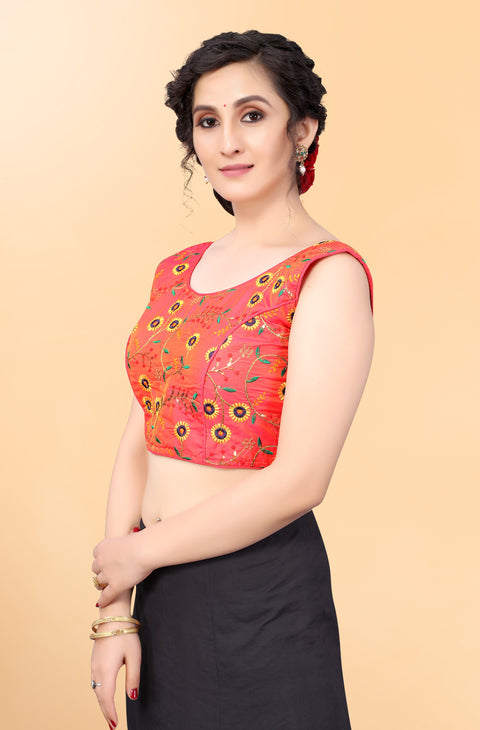 Designer Red Color Embroidery Blouse in Silk (Design 869)