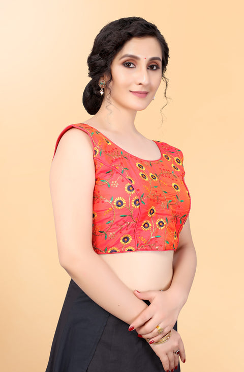 Designer Red Color Embroidery Blouse in Silk (Design 869)