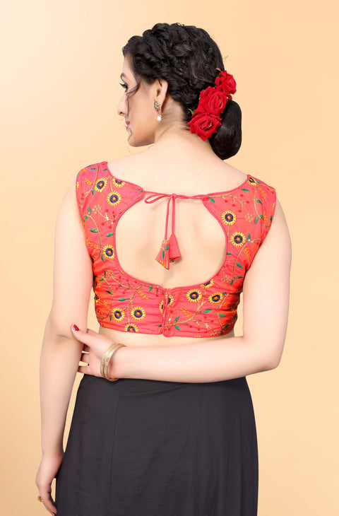 Designer Red Color Embroidery Blouse in Silk (Design 869)