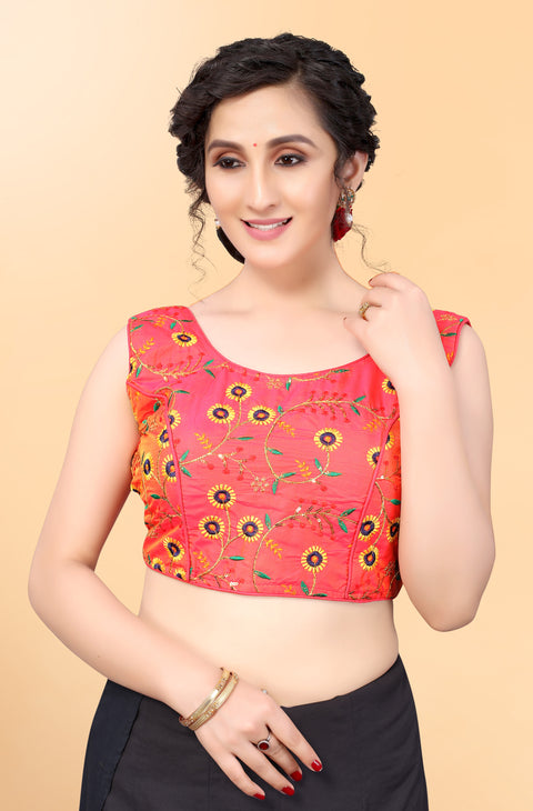Designer Red Color Embroidery Blouse in Silk (Design 869)