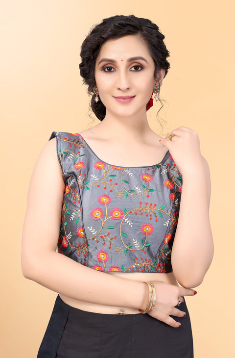 Designer Gray Color Embroidery Blouse in Silk (Design 868) (Deal)