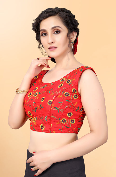 Designer Red Color Embroidery Blouse in Silk (Design 870)