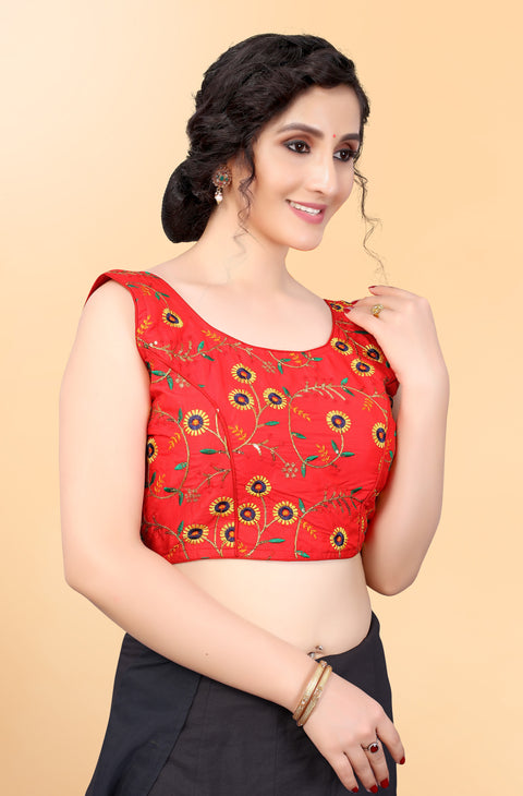 Designer Red Color Embroidery Blouse in Silk (Design 870)