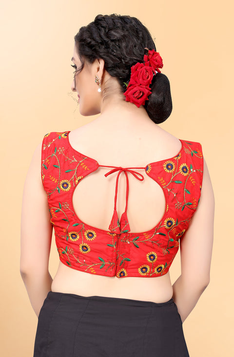 Designer Red Color Embroidery Blouse in Silk (Design 870)