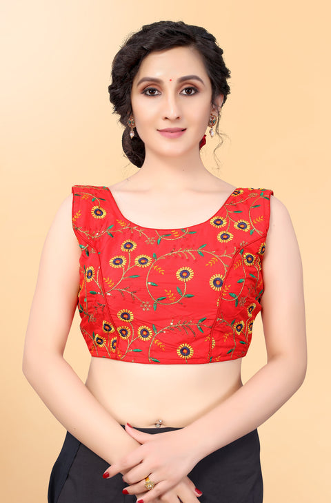 Designer Red Color Embroidery Blouse in Silk (Design 870)