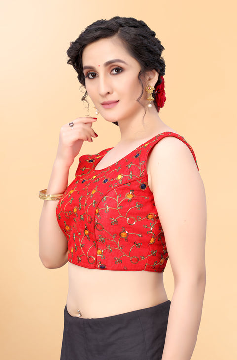 Designer Red Color Embroidery Blouse in Silk (Design 876)